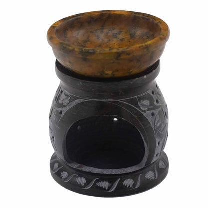 Szappankő aromalámpa 10 cm – mandala virág – fekete-sárga