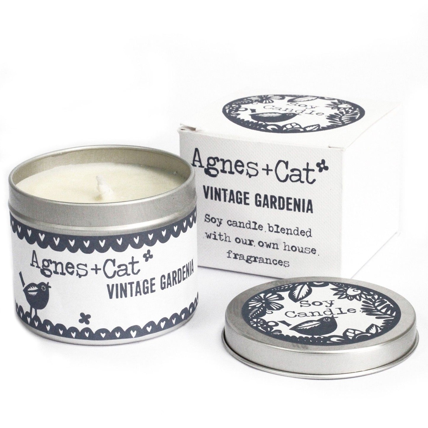 Szójagyertya Fémdobozban – Vintage Gardénia – 200 g, ajándékcsomagolás