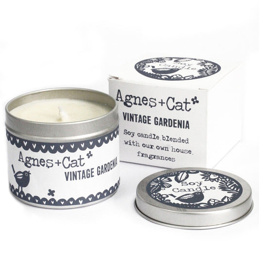 Szójagyertya Fémdobozban – Vintage Gardénia – 200 g, ajándékcsomagolás