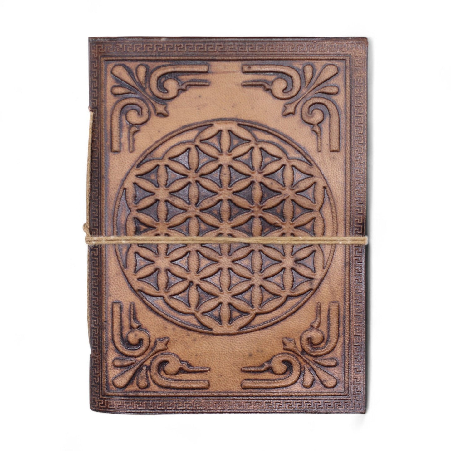 Bőrkötésű ezoterikus napló – vegyes, 15 × 11,5 cm