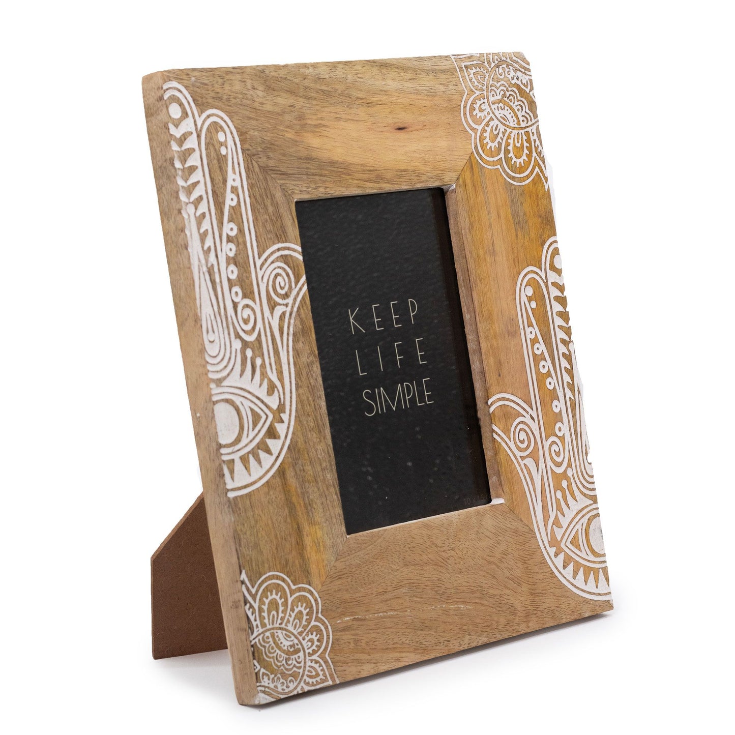 Közepes mangófa képkeret – 10 × 15 cm-es képhez, 26 × 20 × 2 cm – Hamsa – fehér