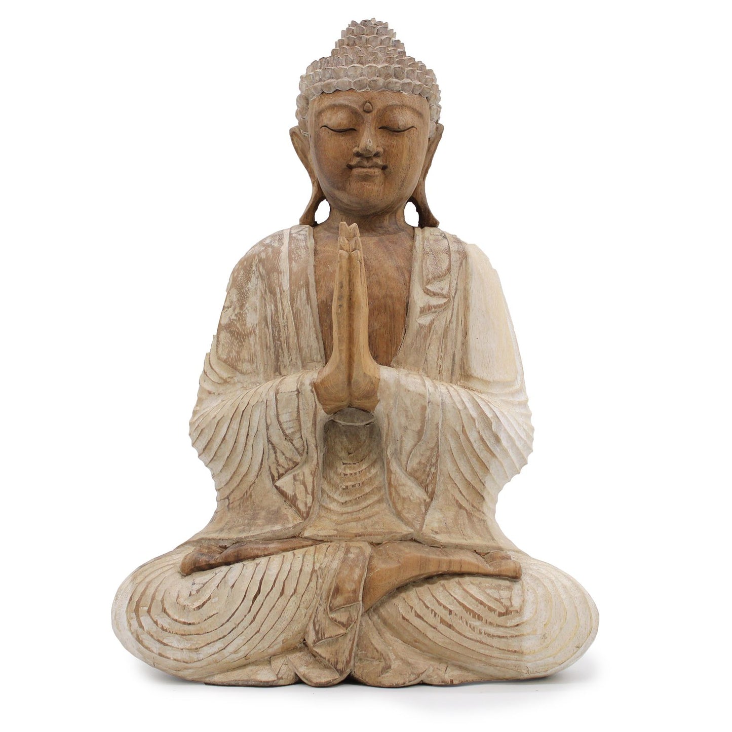 Kézműves Buddha Szobor – 40 cm Üdvözlő – fehérre súrolt