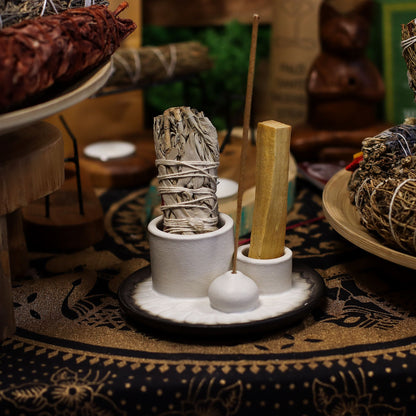 Palo Santo fa, füstölő köteg és pálcika tartó – Mandala – Fehér és szürke