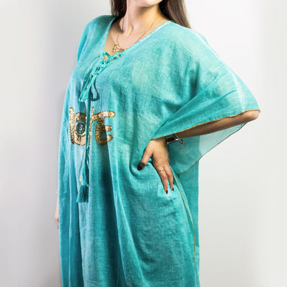 Nomad Sari – On the Med kollekció – kaftán – türkiz-arany szívminta