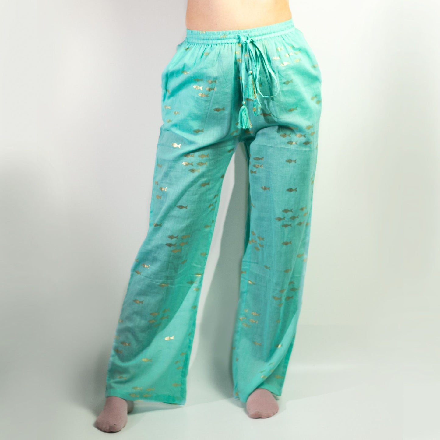 Nomad Sari – On the Med kollekció – otthoni nadrág – türkiz-arany halminta (M/L)
