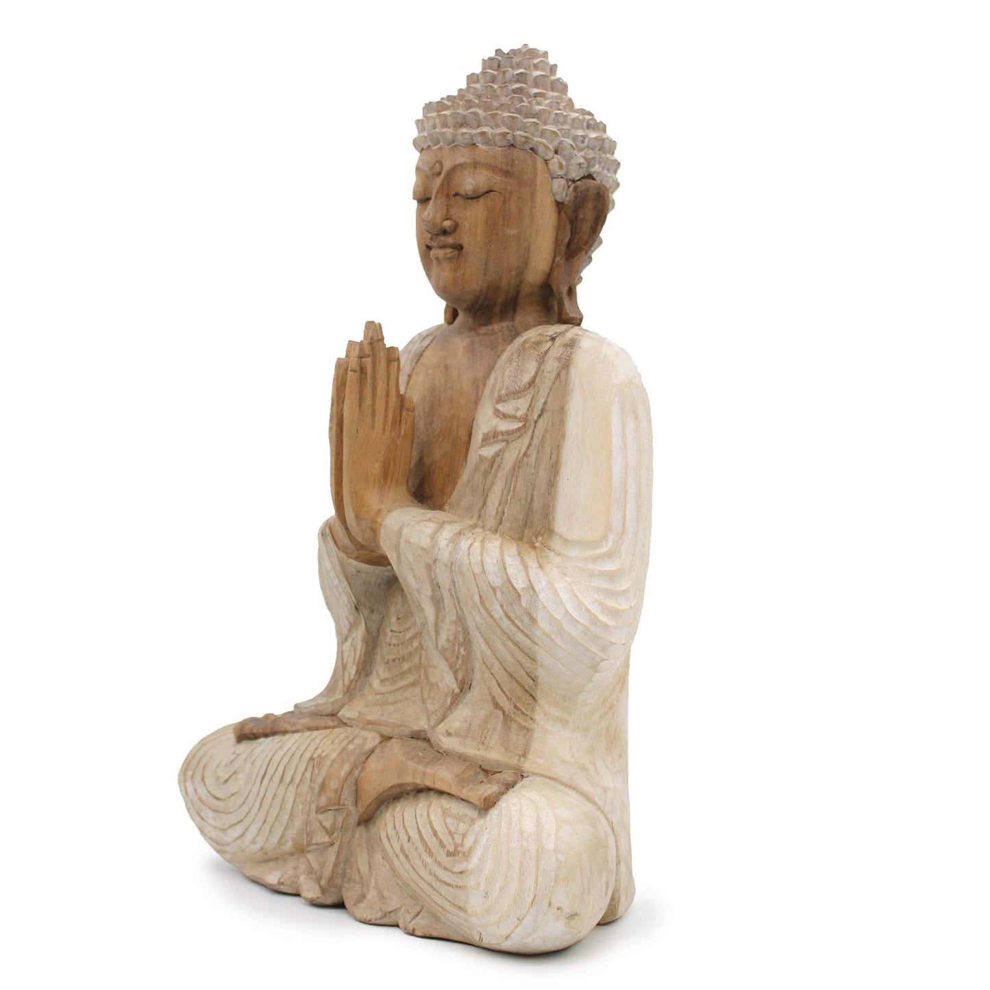 Kézműves Buddha Szobor – 40 cm Üdvözlő – fehérre súrolt