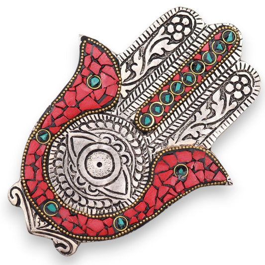 Vörös és zöld kis Hamsa füstölőtartó 13 × 5,5 cm