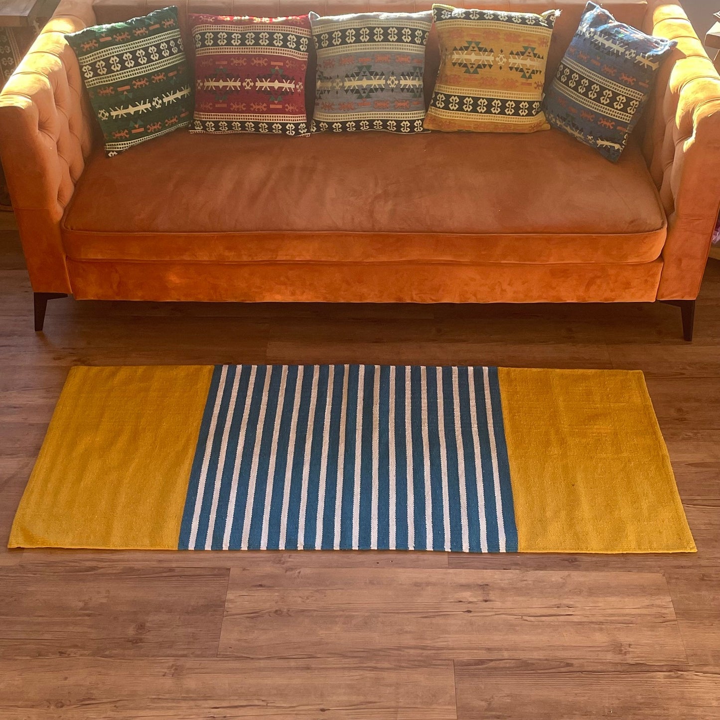 India pamutszőnyeg – 70 × 170 cm – Sárga/kék