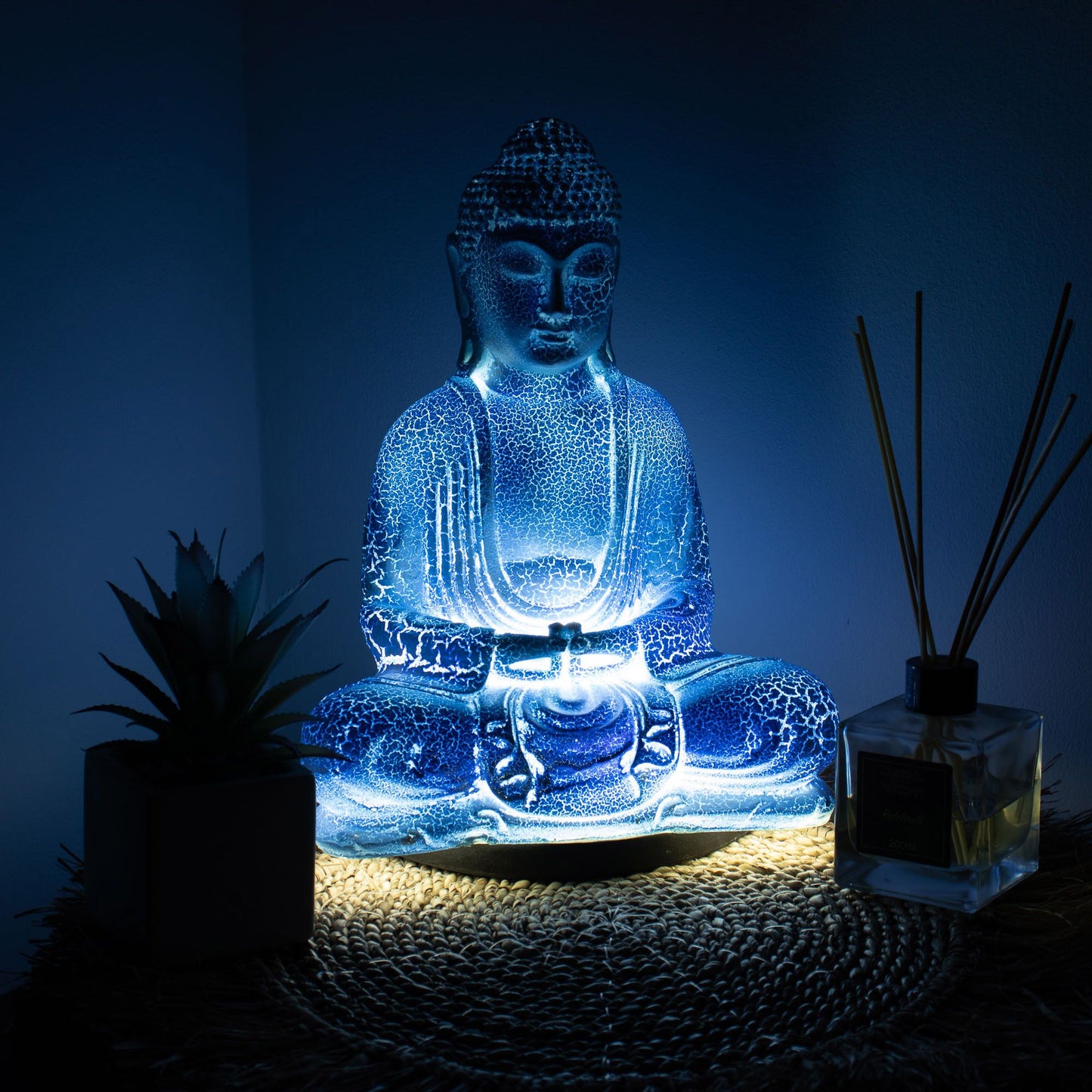 Meditációs Buddha lámpa, égkék - ovális talp