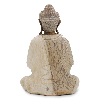 Kézműves Buddha Szobor – 40 cm Üdvözlő – fehérre súrolt