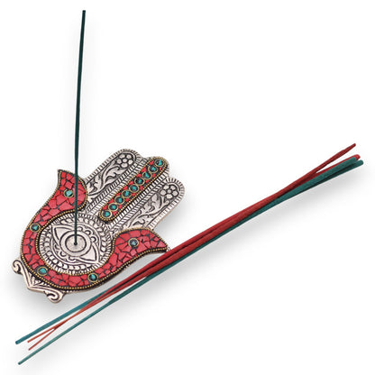Vörös és zöld kis Hamsa füstölőtartó 13 × 5,5 cm