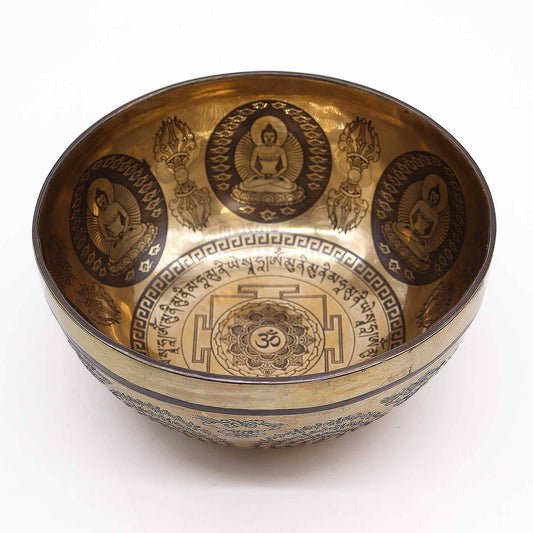 Díszített Tibeti hangtál – 21 cm – Om és Buddha