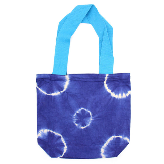 Natúr batikolt pamuttáska (8 oz) – 38 × 42 × 12 cm – kék karikák – kék fül