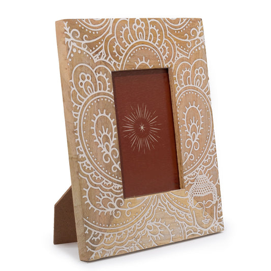 Közepes mangófa képkeret – 10 × 15 cm-es képhez, 26 × 20 × 2 cm – Buddha – fehér