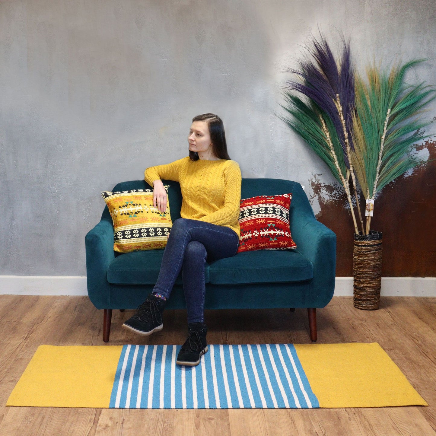 India pamutszőnyeg – 70 × 170 cm – Sárga/kék