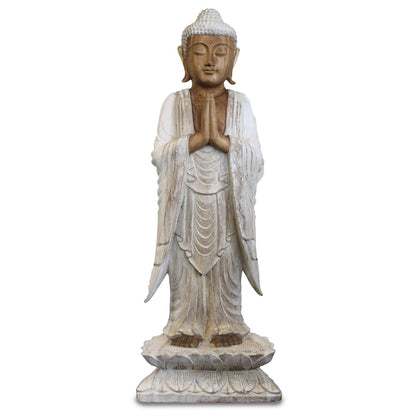 Kézműves Buddha Szobor – 100 cm Üdvözlő – fehérre súrolt