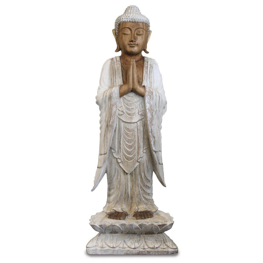 Kézműves Buddha Szobor – 100 cm Üdvözlő – fehérre súrolt