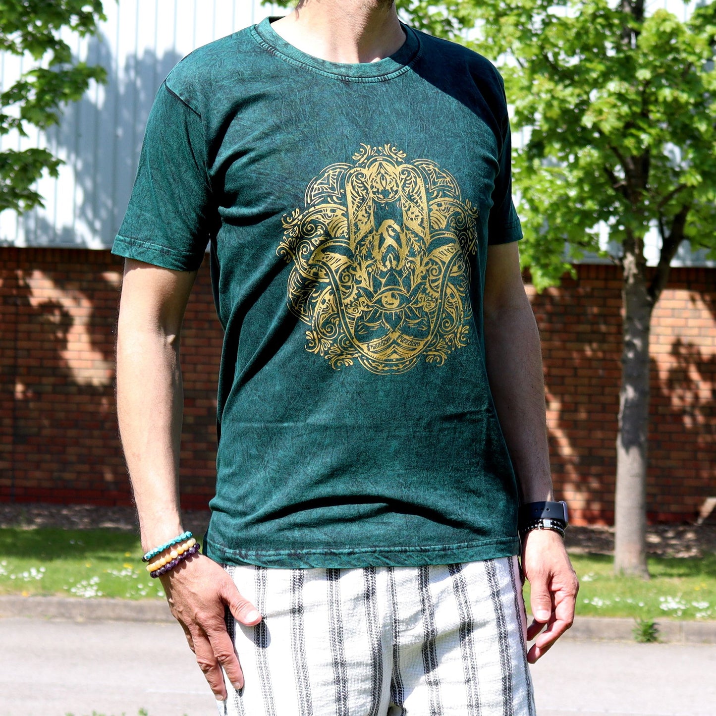 Kővel Mosott Póló, M méret – Hamsa – Zöld
