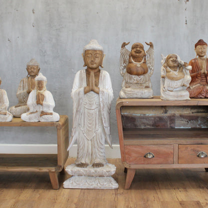 Kézműves Buddha Szobor – 100 cm Üdvözlő – fehérre súrolt
