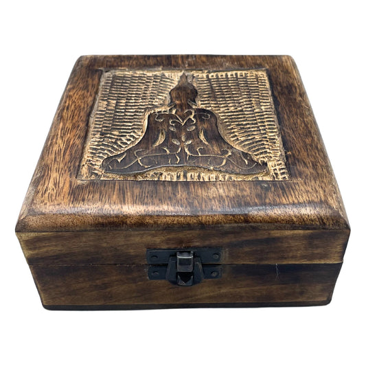 Négyzet alakú fából készült emléktároló doboz 13 × 13 × 6 cm – Buddha