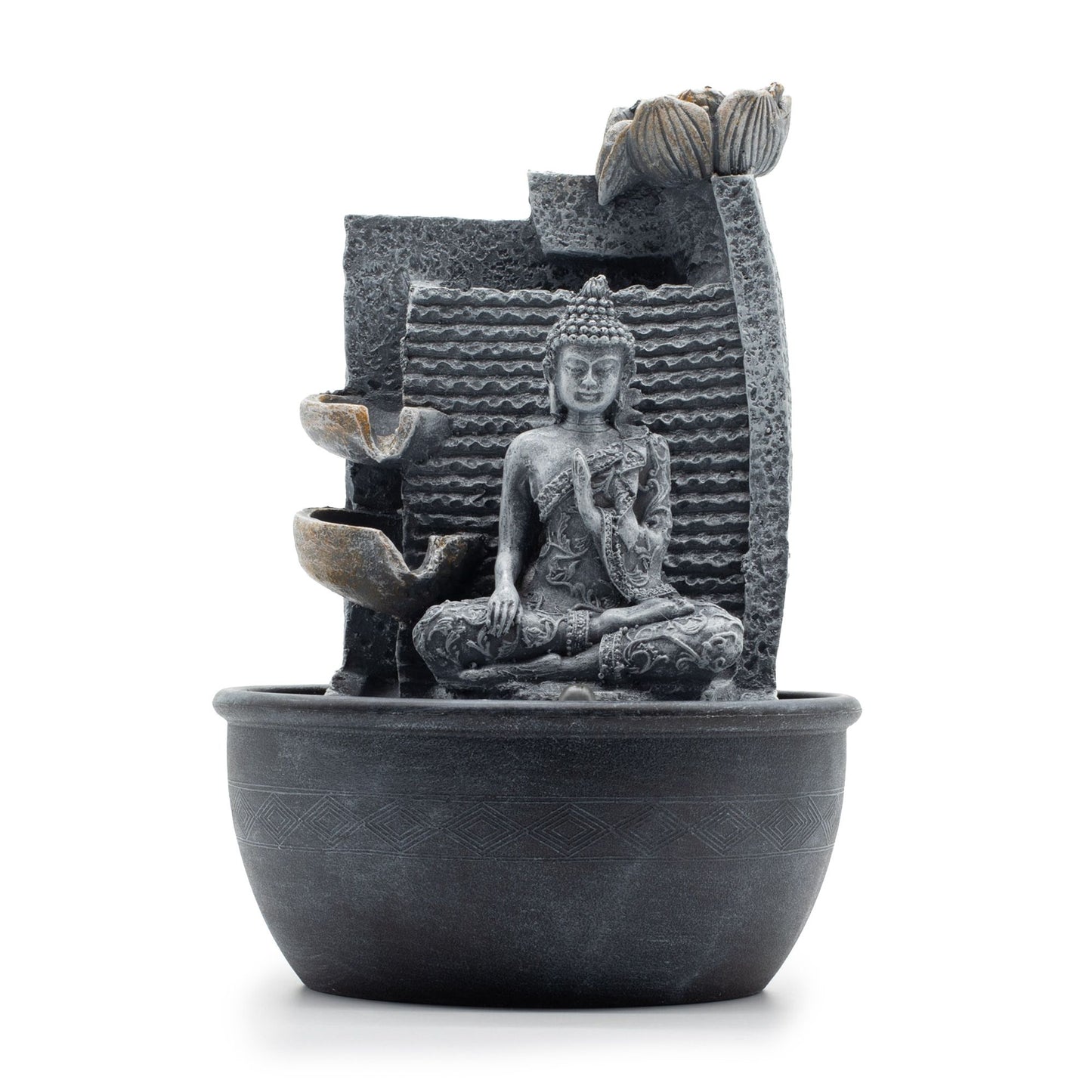 Asztali szoba szökőkút – Buddha, lótusz és vízesés (19 × 19 × 28 cm)