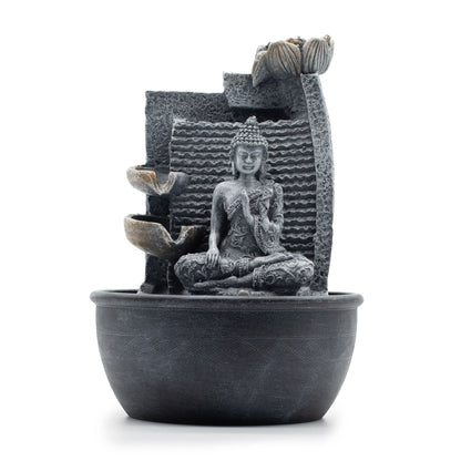 Asztali szoba szökőkút – Buddha, lótusz és vízesés (19 × 19 × 28 cm)