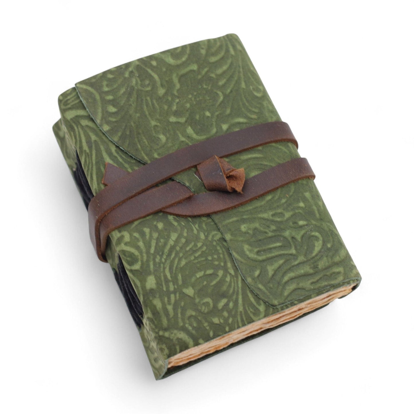 Vastag, roncsolt szélű bőr notesz – Zöld labirintus minta – 12,7 × 8,9 cm