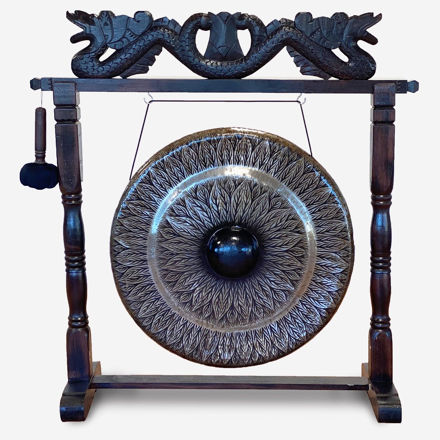Nagy gong barna antik állványon – 80 cm – fekete – mintás