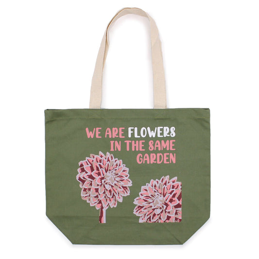 Pamutvászon táska felirattal – We are Flowers – olívazöld