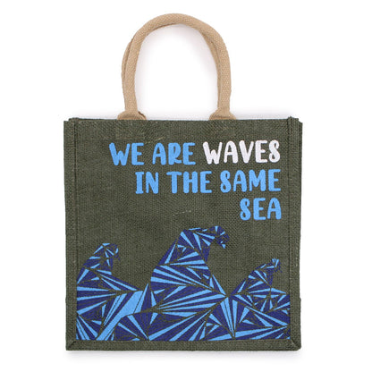 Juta táska felirattal – We are Waves – natúr